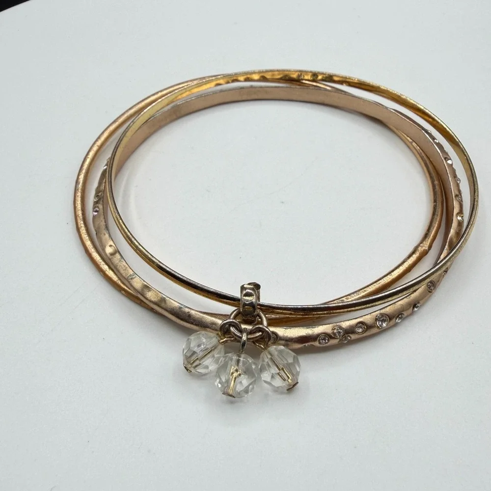 Gold Tone Triple Bangle Bracelet Clear Faceted Bead Dangle Rhinestone Stack Set
